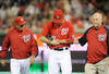 WASHINGTON, DC - MAY 06:  Jayson Werth #28 of the Washington Nationals is helped off the field by manager Davey Johnson and assistant athletic trainer Mike McGowan after injuring his wrist in the sixth inning against the Philadelphia Phillies at Nationals Park on May 6, 2012 in Washington, DC.  (Photo by Greg Fiume/Getty Images)