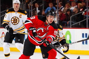 NEWARK, NJ - JANUARY 04:  Zach Parise #9 of the New Jersey Devils skates during an NHL hockey game against the Boston Bruins at Prudential Center on January 4, 2012 in Newark, New Jersey.  (Photo by Paul Bereswill/Getty Images)