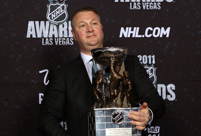 LAS VEGAS, NV - JUNE 22:  General Manager Mike Gillis of the Vancouver Canucks poses after winning the NHL General Manager of the Year Award during the 2011 NHL Awards at The Pearl concert theater at the Palms Casino Resort June 22, 2011 in Las Vegas, Nevada.  (Photo by Bruce Bennett/Getty Images)