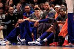 NEW YORK, NY - MARCH 28: (C) Jeremy Lin #17 of the New York Knicks sits on the bench against the Orlando Magic at Madison Square Garden on March 28, 2012 in New York City. NOTE TO USER: User expressly acknowledges and agrees that, by downloading and/or using this Photograph, user is consenting to the terms and conditions of the Getty Images License Agreement.  (Photo by Chris Trotman/Getty Images)