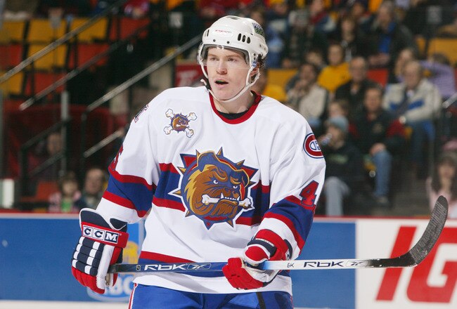 HAMILTON, CANADA - JANUARY 7:  Danny Syvret #45 of the Hamilton Bulldogs looks on against the Manitoba Moose during the AHL game on January 7, 2006 at Copps Colliseum in Hamilton, Ontario, Canada.  The Bulldogs won 3-2.  (Photo By Dave Sandford/Getty Images)