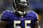 BALTIMORE, MD - NOVEMBER 20: Linebacker Terrell Suggs #55 of the Baltimore Ravens looks to the sideline after making a tackle against the Cincinnati Bengals at M&T Bank Stadium on November 20, 2011 in Baltimore, Maryland. The Ravens won, 31-24. (Photo by Patrick Smith/Getty Images)