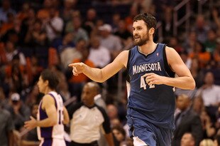 PHOENIX, AZ - MARCH 12:  Kevin Love #42 of the Minnesota Timberwolves reacts after hitting a three point shot past Steve Nash #13 of the Phoenix Suns during the NBA game at US Airways Center on March 12, 2012 in Phoenix, Arizona. The Timberwolves defeated the Suns 127-124.  NOTE TO USER: User expressly acknowledges and agrees that, by downloading and or using this photograph, User is consenting to the terms and conditions of the Getty Images License Agreement.  (Photo by Christian Petersen/Getty Images)