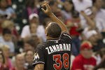 HOUSTON,TX-MAY 07 : Carlos Zambrano #38 of the Miami Marlins gestures as he retires the side against the Houston Astros on May 7, 2012 at Minute Maid Park in Houston, Texas. (Photo by Bob Levey/Getty Images)