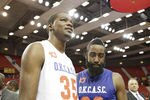 OKLAHOMA CITY, OK - OCTOBER 23:  Kevin Durant of Team White and James Harden of Team Blue talk to the media after the US Fleet Tracking Basketball Invitational charity basketball game October 23, 2011 at the Cox Convention Center in Oklahoma City, Oklahoma.  The game benefitted the Single Parents Support Network of Oklahoma City .  (Photo by Brett Deering/Getty Images)