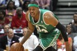 ATLANTA, GA - MAY 08:  Forward Paul Pierce #34 of the Boston Celtics dribbles during Game Five of the Eastern Conference Quarterfinals of the NBA Playoffs against the Atlanta Hawks at Philips Arena on May 8, 2012 in Atlanta, Georgia. NOTE TO USER: User expressly acknowledges and agrees that, by downloading and or using this photograph, User is consenting to the terms and conditions of the Getty Images License Agreement. (Photo by Mike Zarrilli/Getty Images)
