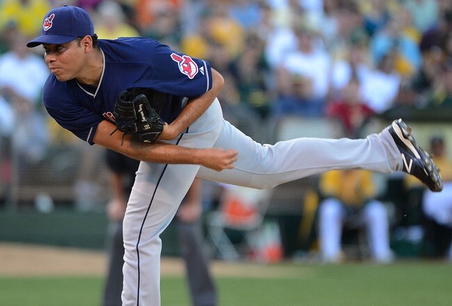 OAKLAND, CA - APRIL 21:  Jeanmar Gomez #58 of the Cleveland Indians pitches against the Oakland Athletics in the first inning at O.co Coliseum on April 21, 2012 in Oakland, California.  (Photo by Thearon W. Henderson/Getty Images)