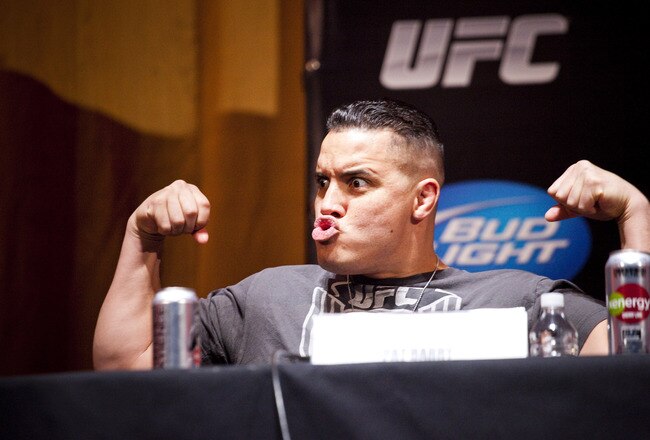 NEW YORK - MARCH 06:   UFC heavyweight Pat Barry flexes his muscles at a press conference at Radio City Music Hall on March 06, 2012 in New York City.  UFC announced that their third event on the FOX network will take place on Saturday, May 5 from the IZOD Center in East Rutherford, N.J.. (Photo by Michael Nagle/Getty Images)