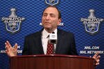 GLENDALE, AZ - MAY 07:  NHL Commissioner Gary Bettman speaks at a press conference to discuss the potential sale of the Phoenix Coyotes to Greg Jamison (not pictured) before the start of Game Five of the Western Conference Semifinals between the Phoenix Coyotes and the Nashville Predators during the 2012 NHL Stanley Cup Playoffs at Jobing.com Arena on May 7, 2012 in Glendale, Arizona.  (Photo by Christian Petersen/Getty Images)