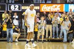 MORGANTOWN, WV - JANUARY 7:  Kevin Jones #42 of the West Virginia Mountaineers celebrates a win after a college basketball game against the Georgetown Hoyas on January 7, 2012 at the WVU Coliseum in Morgantown, West Virginia.  The Mountaineers won 74.62.  (Photo by Mitchell Layton/Getty Images)