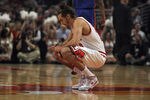 CHICAGO, IL - APRIL 10: Joakim Noah #13 of the Chicago Bulls takes a moment to himself before a game against the New York Knicks at the United Center on April 10, 2012 in Chicago, Illinois. NOTE TO USER: User expressly acknowledges and agrees that, by downloading and or using this photograph, User is consenting to the terms and conditions of the Getty Images License Agreement. (Photo by Jonathan Daniel/Getty Images)