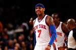 NEW YORK, NY - MAY 06:  Carmelo Anthony #7 of the New York Knicks looks on against the Miami Heat in Game Four of the Eastern Conference Quarterfinals in the 2012 NBA Playoffs on May 6, 2012 at Madison Square Garden in New York City. NOTE TO USER: User expressly acknowledges and agrees that, by downloading and or using this photograph, User is consenting to the terms and conditions of the Getty Images License Agreement  (Photo by Jeff Zelevansky/Getty Images)