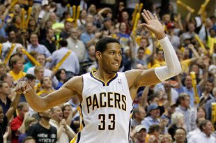 INDIANAPOLIS, IN - MAY 08: Danny Granger #33 of the Indiana Pacers celebrates a late fourth quarter three point basket with David West #21while playing the Orlando Magic in Game Five of the Eastern Conference Quarterfinals during the 2012 NBA Playoffs on May 8, 2012 at Bankers Life Fieldhouse in Indianapolis, Indiana. Indiana won the game 105-87 to to win the series 3-1. NOTE TO USER: User expressly acknowledges and agrees that, by downloading and or using this photograph, User is consenting to the terms and conditions of the Getty Images License Agreement. (Photo by Gregory Shamus/Getty Images)