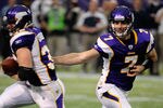 MINNEAPOLIS, MN - JANUARY 1: Christian Ponder #7 of the Minnesota Vikings hands off the ball to Toby Gerhart #32 during the first quarter against the Chicago Bears on January 1, 2012 at Mall of America Field at the Hubert H. Humphrey Metrodome in Minneapolis, Minnesota. (Photo by Hannah Foslien/Getty Images)