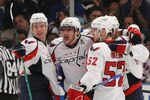 NEW YORK - APRIL 26: (L-R) Alexaner Semin #28,  Alex Ovechkin #8, Nicklas Backstrom #19 and Mike Green #52 of the Washington Capitals celebrate their goal at 16:44 of the second period against the New York Rangers during Game Six of the Eastern Conference Quarterfinal Round of the 2009 NHL Stanley Cup Playoffs at Madison Square Garden on April 26, 2009 in New York City. The Capitals defeated the Rangers 5-3.  (Photo by Bruce Bennett/Getty Images)