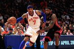 NEW YORK, NY - APRIL 15: (L) Carmelo Anthony #7 of the New York Knicks drives against (R) LeBron James #6 of the Miami Heat at Madison Square Garden on April 15, 2012 in New York City. NOTE TO USER: User expressly acknowledges and agrees that, by downloading and/or using this Photograph, user is consenting to the terms and conditions of the Getty Images License Agreement.  (Photo by Chris Trotman/Getty Images)