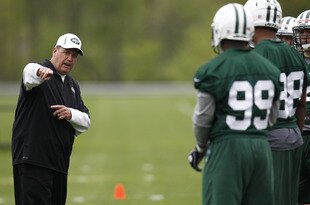 FLORHAM PARK, NJ - MAY 04:  New York Jets head coach Rex Ryan talks with rookies during the Jets Rookie Minicamp on May 4, 2012 in Florham Park, New Jersey.  (Photo by Jeff Zelevansky/Getty Images)