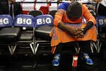 MIAMI, FL - MAY 09:  Forward Amar'e Stoudemire #1 of the New York Knicks sits on the bench against the Miami Heat in Game Five of the Eastern Conference Quarterfinals in the 2012 NBA Playoffs  on May 9, 2012 at the American Airines Arena in Miami, Florida. NOTE TO USER: User expressly acknowledges and agrees that, by downloading and or using this photograph, User is consenting to the terms and conditions of the Getty Images License Agreement.  (Photo by Marc Serota/Getty Images)