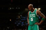 NEW YORK, NY - APRIL 17: Kevin Garnett #5 of the Boston Celtics looks on against the New York Knicks at Madison Square Garden on April 17, 2012 in New York City. NOTE TO USER: User expressly acknowledges and agrees that, by downloading and/or using this Photograph, user is consenting to the terms and conditions of the Getty Images License Agreement.  (Photo by Chris Trotman/Getty Images)