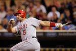 MINNEAPOLIS, MN - MAY 7: Albert Pujols #5 of the Los Angeles Angels of Anaheim hits an RBI single against the Minnesota Twins during the seventh inning on May 7, 2012 at Target Field in Minneapolis, Minnesota. (Photo by Hannah Foslien/Getty Images)