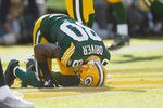 GREEN BAY, WI - OCTOBER 2: Donald Driver #80 of the Green Bay Packers lays on the field injured during the game against the Denver Broncos at Lambeau Field on October 2, 2011 in Green Bay, Wisconsin. (Photo by Scott Boehm/Getty Images)