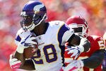 KANSAS CITY, MO - OCTOBER 02:  Adrian Peterson #28 of the Minnesota Vikings carries the ball as linebacer Justin Houston #50 of the Kansas City Chiefs defends during the game on October 2, 2011 at Arrowhead Stadium in Kansas City, Missouri.  (Photo by Jamie Squire/Getty Images)