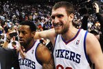 PHILADELPHIA, PA - MAY 10: Andre Iguodala #9 and Spencer Hawes #00 of the Philadelphia 76ers walk off the court after a 79-78 win over the Chicago Bulls in Game Six of the Eastern Conference Quarterfinals in the 2012 NBA Playoffs at the Wells Fargo Center on May 10, 2012 in Philadelphia, Pennsylvania. NOTE TO USER: User expressly acknowledges and agrees that, by downloading and or using this photograph, User is consenting to the terms and conditions of the Getty Images License Agreement. (Photo by Drew Hallowell/Getty Images)