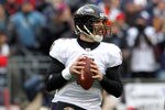 FOXBORO, MA - JANUARY 22:   Joe Flacco #5 of the Baltimore Ravens looks to throw a pass against the New England Patriots during their AFC Championship Game at Gillette Stadium on January 22, 2012 in Foxboro, Massachusetts.  (Photo by Jim Rogash/Getty Images)