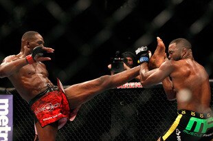 ATLANTA, GA - APRIL 21:  Jon Jones (L) kicks Rashad Evans during their light heavyweight title bout for UFC 145 at Philips Arena on April 21, 2012 in Atlanta, Georgia.  (Photo by Kevin C. Cox/Getty Images)