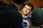 INDIANAPOLIS, IN - MAY 4: Andrew Luck #12 of the Indianapolis Colts answers questions from the media following a rookie minicamp at the team facility on May 4, 2012 in Indianapolis, Indiana. (Photo by Joe Robbins/Getty Images)