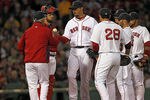 BOSTON, MA - MAY 10:  Bobby Valentine #25 of the Boston Red Sox removes Josh Beckett #19 in the third inning after Beckett had given up seven runs in three innings against the Cleveland Indians at Fenway Park May 10, 2012  in Boston, Massachusetts. (Photo by Jim Rogash/Getty Images)
