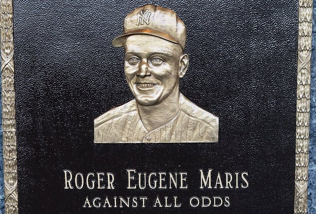 NEW YORK - MAY 02:  The plaque of Roger Maris is seen in Monument Park at Yankee Stadium prior to the game between the New York Yankees and the Chicago White Sox on May 2, 2010 in the Bronx borough of New York City. The Yankees defeated the White Sox 12-3.  (Photo by Jim McIsaac/Getty Images)
