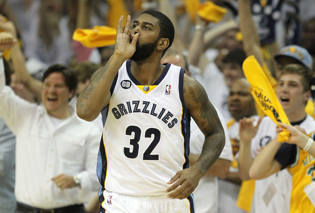 MEMPHIS, TN - APRIL 29: O.J. Mayo #32 of the Memphis Grizzlies celebrates after making a three point shot against the Los Angeles Clippers in Game One of the Western Conference Quarterfinals in the 2012 NBA Playoffs at FedExForum on April 29, 2012 in Memphis, Tennessee.  NOTE TO USER: User expressly acknowledges and agrees that, by downloading and or using this photograph, User is consenting to the terms and conditions of the Getty Images License Agreement.  (Photo by Andy Lyons/Getty Images)
