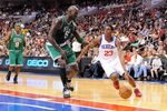 PHILADELPHIA - NOVEMBER 03:  Lou Williams #23 of the Philadelphia 76ers drives against Kevin Garnett #5 of the Boston Celtics at the Wachovia Center on November 3, 2009 in Philadelphia, Pennsylvania.  NOTE TO USER: User expressly acknowledges and agrees that, by downloading and or using this photograph, User is consenting to the terms and conditions of the Getty Images License Agreement.  (Photo by Chris Chambers/Getty Images)