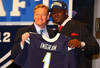 NEW YORK, NY - APRIL 26:  Melvin Ingram of South Carolina holds up a jersey as he stands on stage with NFL Commissioner Roger Goodell after he was selected #18 overall by the San Diego Chargers in the first round of the 2012 NFL Draft at Radio City Music Hall on April 26, 2012 in New York City.  (Photo by Al Bello/Getty Images)