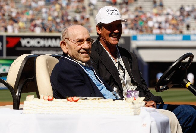 NEW YORK, NY - MAY 12:  Yankee Legend Yogi Berra celebrates his 87th birthday with former Yankee Ron Guidry prior to the game against the Seattle Mariners at Yankee Stadium on May 12, 2012 in the Bronx borough of New York City.  (Photo by Mike Stobe/Getty Images)
