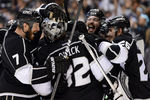 LOS ANGELES, CA - MAY 06:  Rob Scuderi #7 and Jonathan Quick #32 of the Los Angeles Kings  celebrate a 3-1 win and a 4-0 game sweep of the St. Louis Blues in Game Four of the Western Conference Semifinals during the 2012 NHL Stanley Cup Playoffs at Staples Center on May 6, 2012 in Los Angeles, California.  (Photo by Harry How/Getty Images)