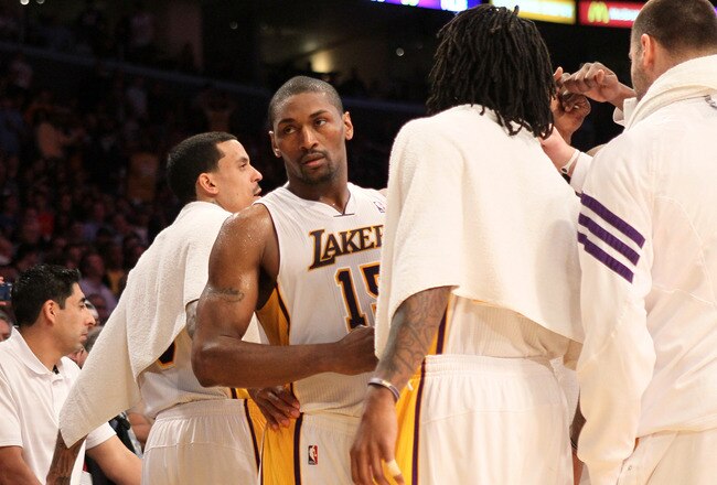 LOS ANGELES, CA - APRIL 22:  Metta World Peace #15 of the Los Angeles Lakers leaves the court after being ejected for hitting James Harden #13 of the Oklahoma City Thunder at Staples Center on April 22, 2012 in Los Angeles, California. The  Lakers won 114-106 in double overtime.  NOTE TO USER: User expressly acknowledges and agrees that, by downloading and or using this photograph, User is consenting to the terms and conditions of the Getty Images License Agreement.  (Photo by Stephen Dunn/Getty Images)