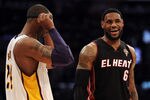 LOS ANGELES, CA - MARCH 04:  LeBron James #6 of the Miami Heat and Kobe Bryant #24 of the Los Angeles Lakers talk before an inbound at Staples Center on March 4, 2012 in Los Angeles, California.  NOTE TO USER: User expressly acknowledges and agrees that, by downloading and or using this photograph, User is consenting to the terms and conditions of the Getty Images License Agreement.  (Photo by Harry How/Getty Images)
