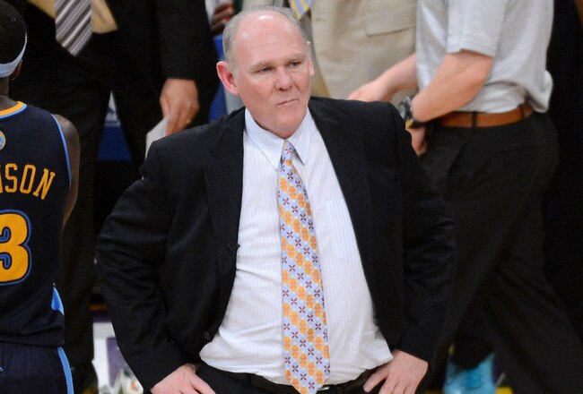 LOS ANGELES, CA - MAY 12:  Head coach George Karl of the Denver Nuggets reacts late in the fourth quarter while taking on the Los Angeles Lakers in Game Seven of the Western Conference Quarterfinals in the 2012 NBA Playoffs on May 12, 2012 at Staples Center in Los Angeles, California. NOTE TO USER: User expressly acknowledges and agrees that, by downloading and or using this photograph, User is consenting to the terms and conditions of the Getty Images License Agreement.  (Photo by Kevork Djansezian/Getty Images)