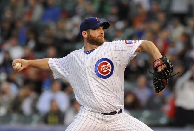 CHICAGO, IL - MAY 08: Ryan Dempster #46 of the Chicago Cubs pitches against the Atlanta Braves in the first inning on May 8, 2012 at Wrigley Field in Chicago, Illinois.  (Photo by David Banks/Getty Images)