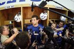 INDIANAPOLIS, IN - MAY 4: Andrew Luck #12 of the Indianapolis Colts answers questions from the media following a rookie minicamp at the team facility on May 4, 2012 in Indianapolis, Indiana. (Photo by Joe Robbins/Getty Images)