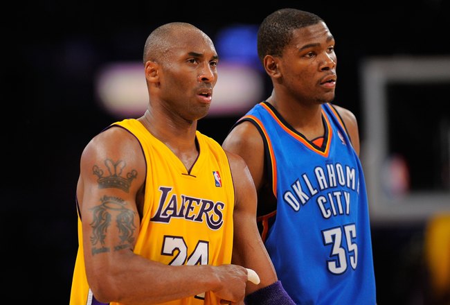 LOS ANGELES, CA - APRIL 27:  Kobe Bryant #24 of the Los Angeles Lakers stands next to Kevin Durant #35 of the Oklahoma City Thunder during Game Two of the Western Conference Quarterfinals of the 2010 NBA Playoffs at Staples Center on April 27, 2010 in Los Angeles, California.  (Photo by Kevork Djansezian/Getty Images)