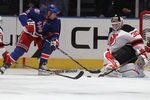 NEW YORK, NY - APRIL 09: Vaclav Prospal #20 of the New York Rangers takes the shot against Martin Brodeur #30 of the New Jersey Devils at Madison Square Garden on April 9, 2011 in New York City.  (Photo by Bruce Bennett/Getty Images)