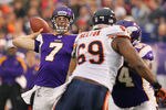 MINNEAPOLIS, MN - JANUARY 01:   Christian Ponder #7 of the Minnesota Vikings passes the ball during the first quarter against the Chicago Bears at the Hubert H. Humphrey Metrodome on January 01, 2012 in Minneapolis, Minnesota.  (Photo by Adam Bettcher /Getty Images)