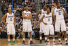 HARTFORD, CT - JANUARY 9:  Jeremy Lamb #3, Andre Drummond #12, Shabazz Napier #13, Ryan Boatright #11 and Alex Oriakhi #34 of the Connecticut Huskies take a breather against the West Virginia Mountaineers in the second  half at the XL Center on January 9, 2012,  in Hartford, Connecticut.  (Photo by Jim Rogash/Getty Images)