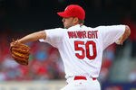 ST. LOUIS, MO - MAY 12: Starter Adam Wainwright #50 of the St. Louis Cardinals pitches against the Atlanta Braves at Busch Stadium on May 12, 2012 in St. Louis, Missouri.  (Photo by Dilip Vishwanat/Getty Images)