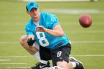 CHARLOTTE, NC - MAY 12:  Punter Brad Nortman #8 works on catching snaps at Carolina Panthers Rookie Camp on May 12, 2012 in Charlotte, North Carolina.  (Photo by Brian A. Westerholt/Getty Images)