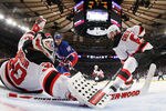 NEW YORK, NY - MAY 14:  Martin Brodeur #30 and Andy Greene #6 of the New Jersey Devils defend against the New York Rangers in Game One of the Eastern Conference Finals during the 2012 NHL Stanley Cup Playoffs at Madison Square Garden on May 14, 2012 in New York City.  (Photo by Bruce Bennett/Getty Images)