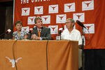 AUSTIN, TX - JUNE 15:  University of Texas at Austin President William Powers Jr., center, Women's Athletics Director Chris Plonskon, left, and Men's Athletics Director DeLoss Dodds, right, announce the athletics programs will continue competing in the Big 12 Conference June 15, 2010 in Austin, Texas.  (Photo by Erich Schlegel/Getty Images)
